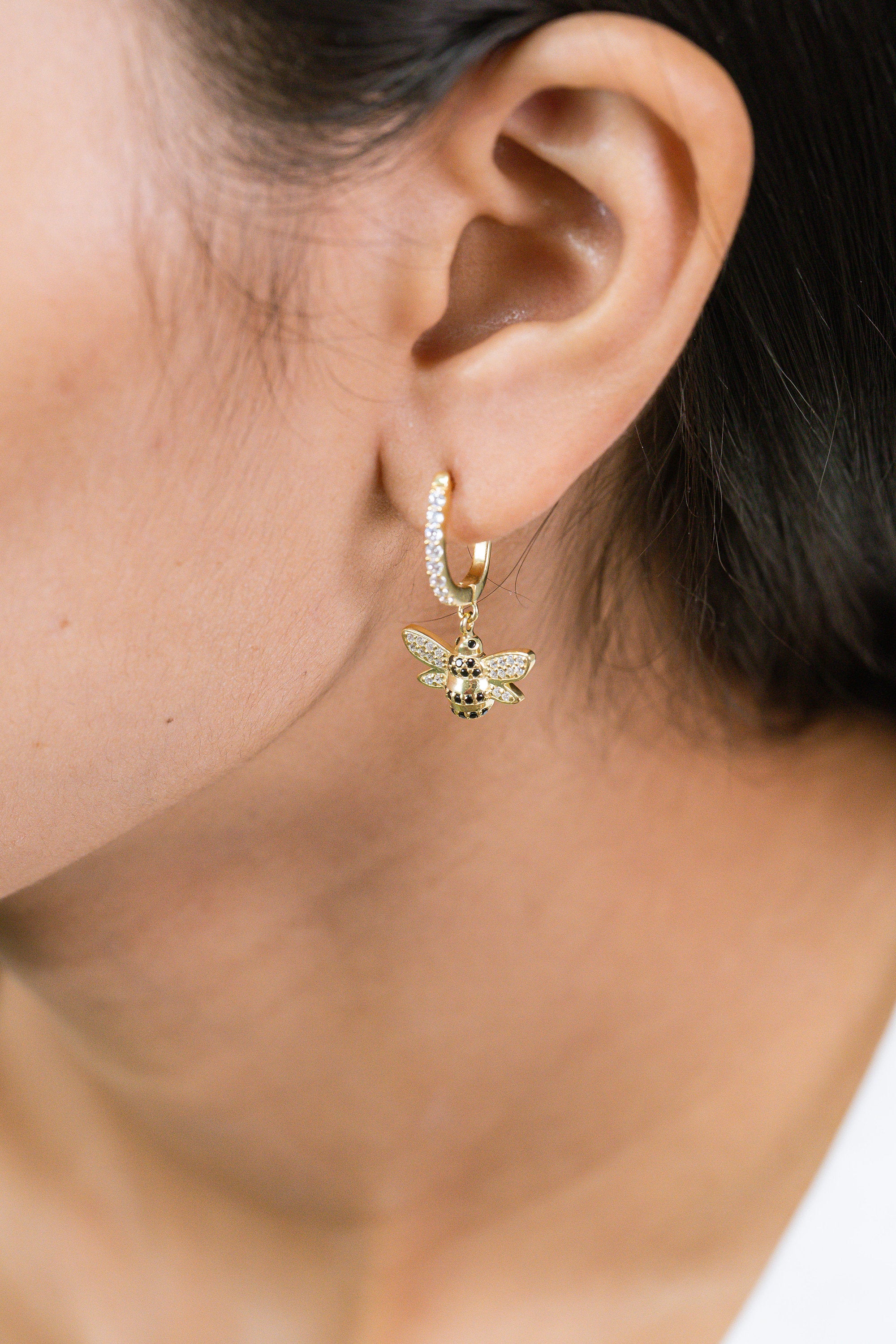 Honey Bee Hoop Earrings, 18K Gold Black Diamond Hoop Earrings, Dangle Hoop Earrings, Bridesmaid Gift, Animal Hoops